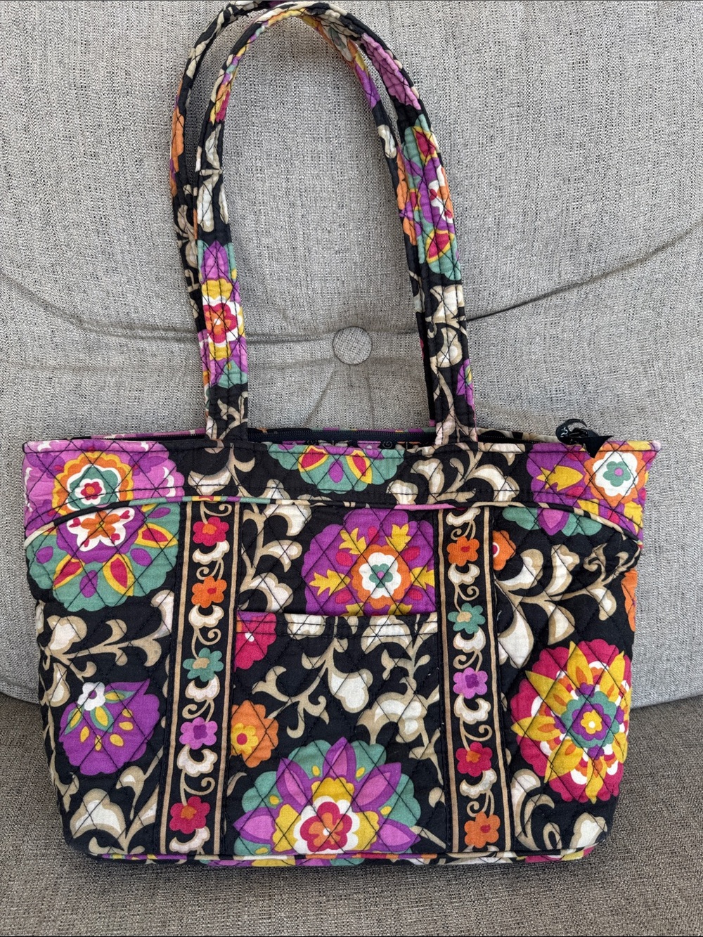 Vera Bradley Black Quilted Floral Tote with Purple, Pink & Orange Accents